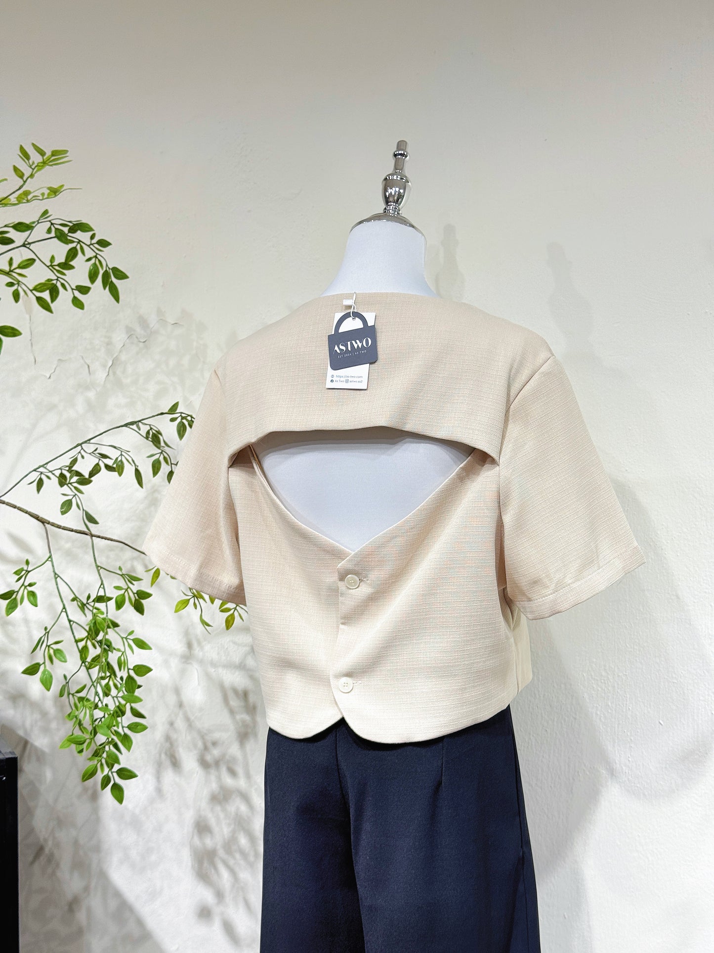 Open-Back Tweed V-Neck Blouse