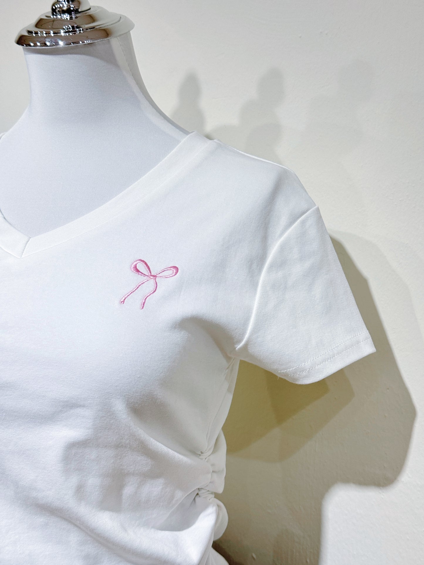 Embroidered Ribbon V-Neck Tee