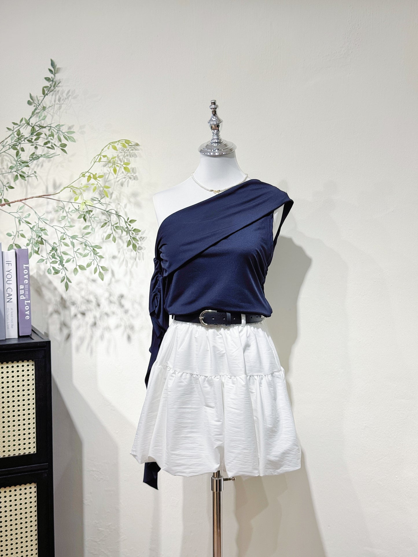 Navy One-Shoulder Ruffle Sleeve Top
