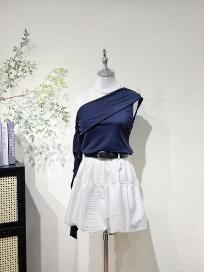 Navy One-Shoulder Ruffle Sleeve Top