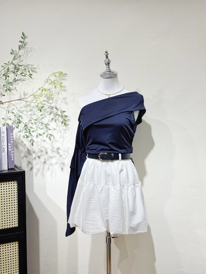 Navy One-Shoulder Ruffle Sleeve Top