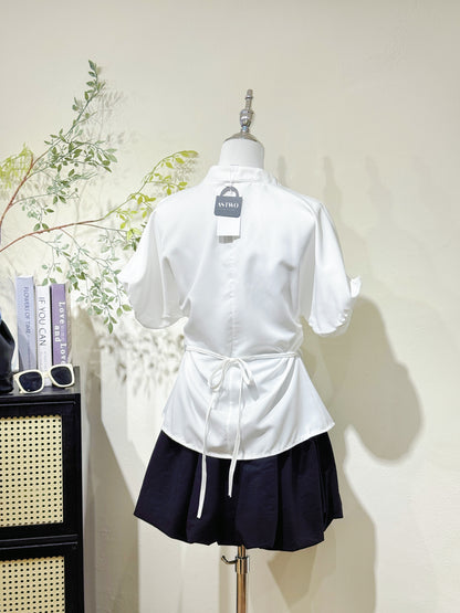 Waist-Tie Stand Collar Shirt