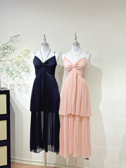 Halter V-Neck Pleated Chiffon Dress