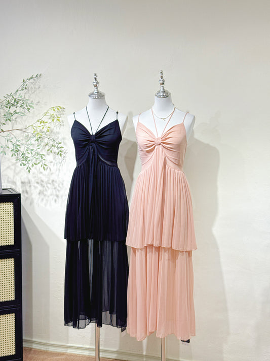 Halter V-Neck Pleated Chiffon Dress