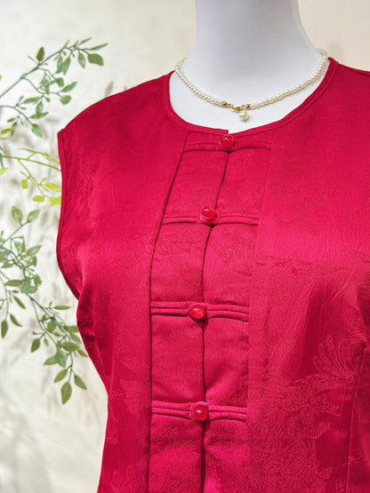 Red Jacquard Satin Sleeveless Blouse