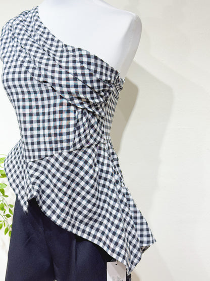 Plaid Slanted Shoulder Top