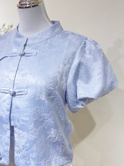 Jacquard Mandarin Puff Sleeve Tie Blouse