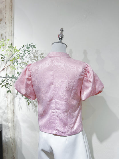 Jacquard Mandarin Puff Sleeve Tie Blouse