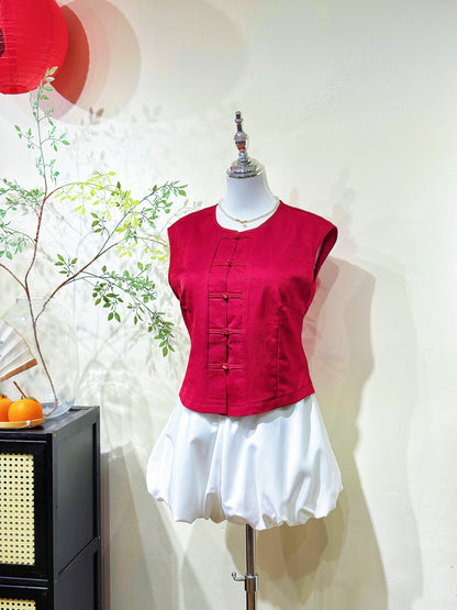 Red Jacquard Satin Sleeveless Blouse