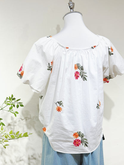 Linen Blossom Puff Sleeve Top