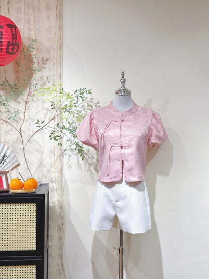 Jacquard Mandarin Puff Sleeve Tie Blouse