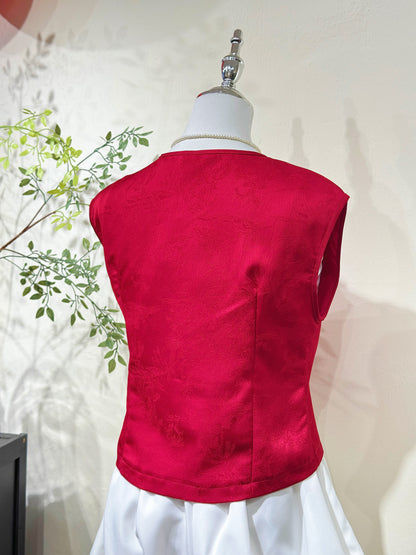 Red Jacquard Satin Sleeveless Blouse