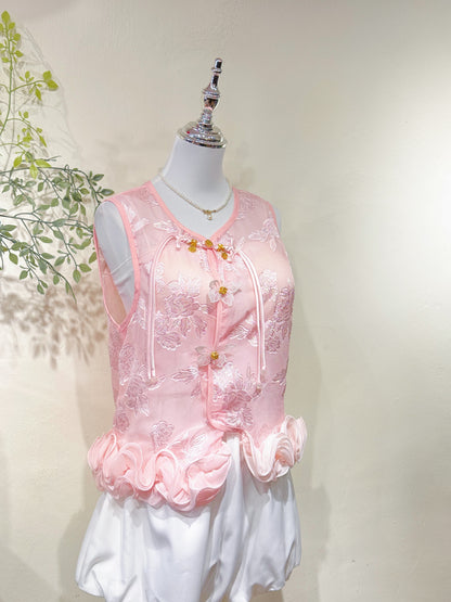 Pink Floral Knot Lace Vest