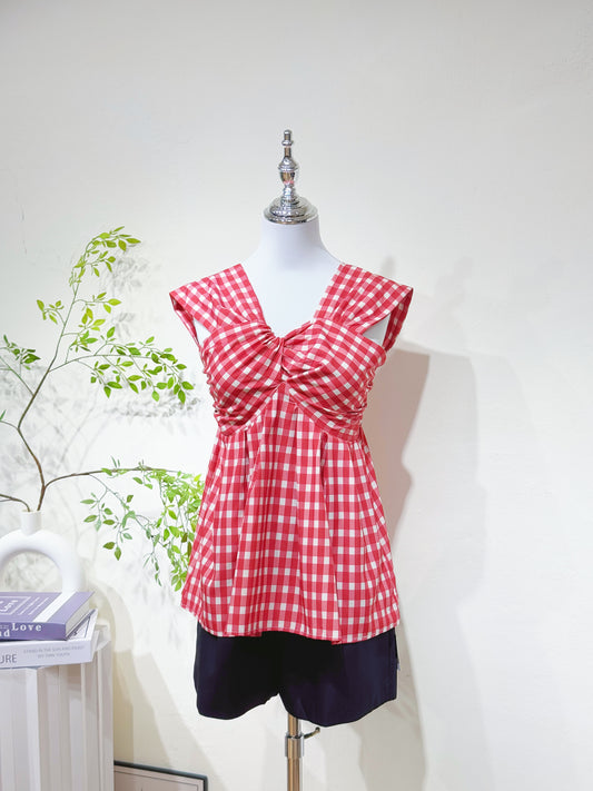 Poly-Cotton Plaid Peplum Top