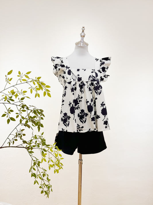 Black Floral Printed Flutter-Sleeve Top