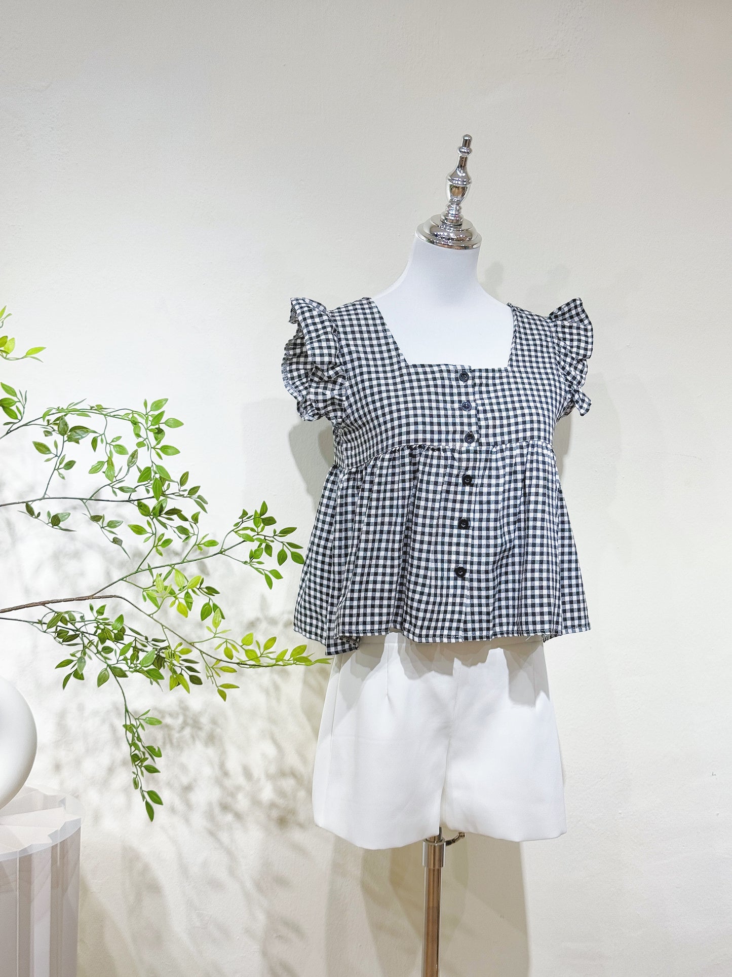 Vintage Grid Flutter Blouse