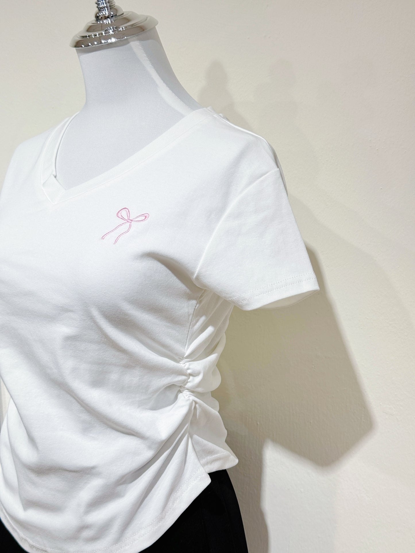 Embroidered Ribbon V-Neck Tee