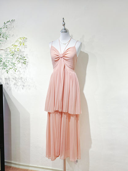Halter V-Neck Pleated Chiffon Dress