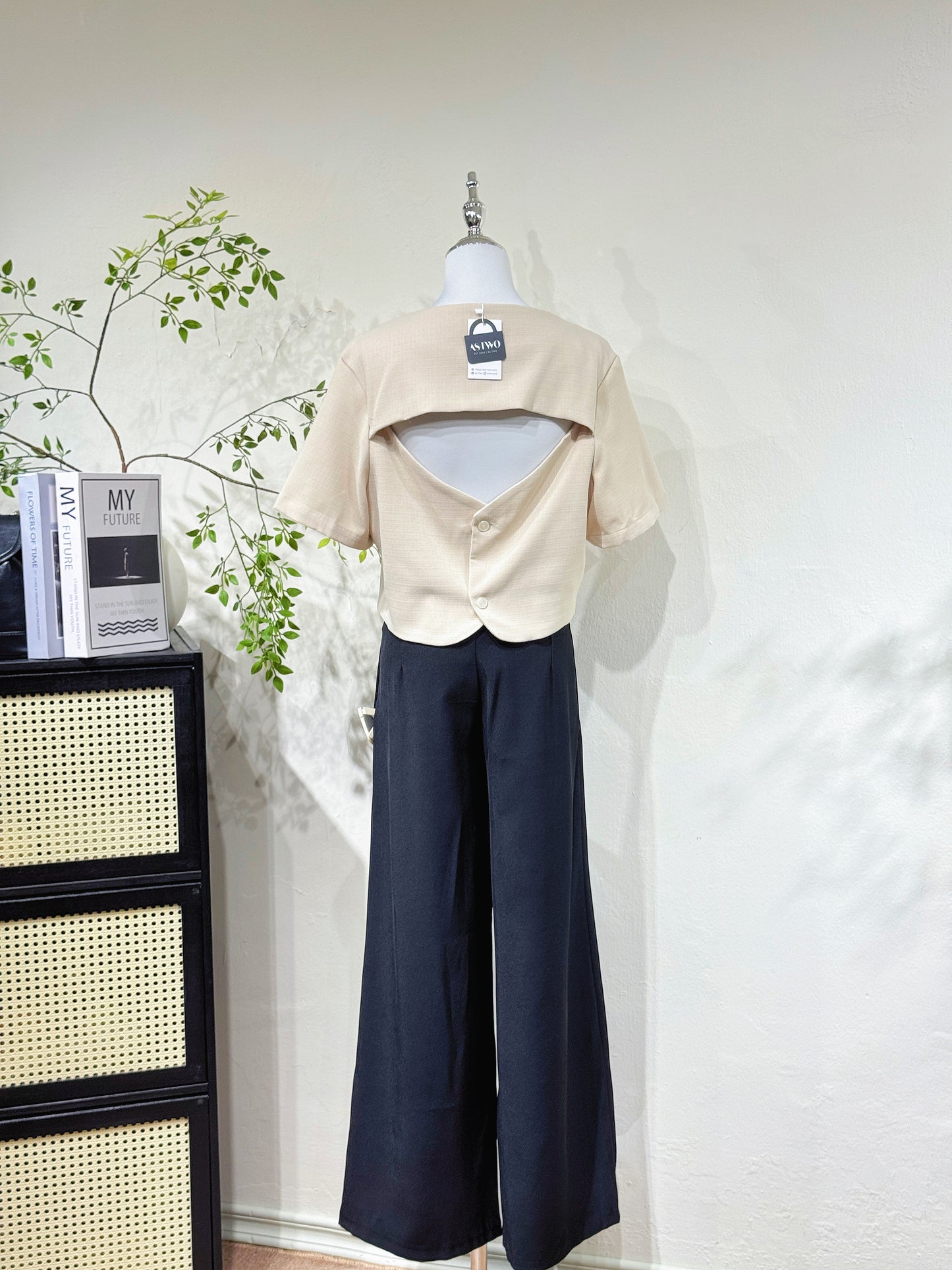 Open-Back Tweed V-Neck Blouse