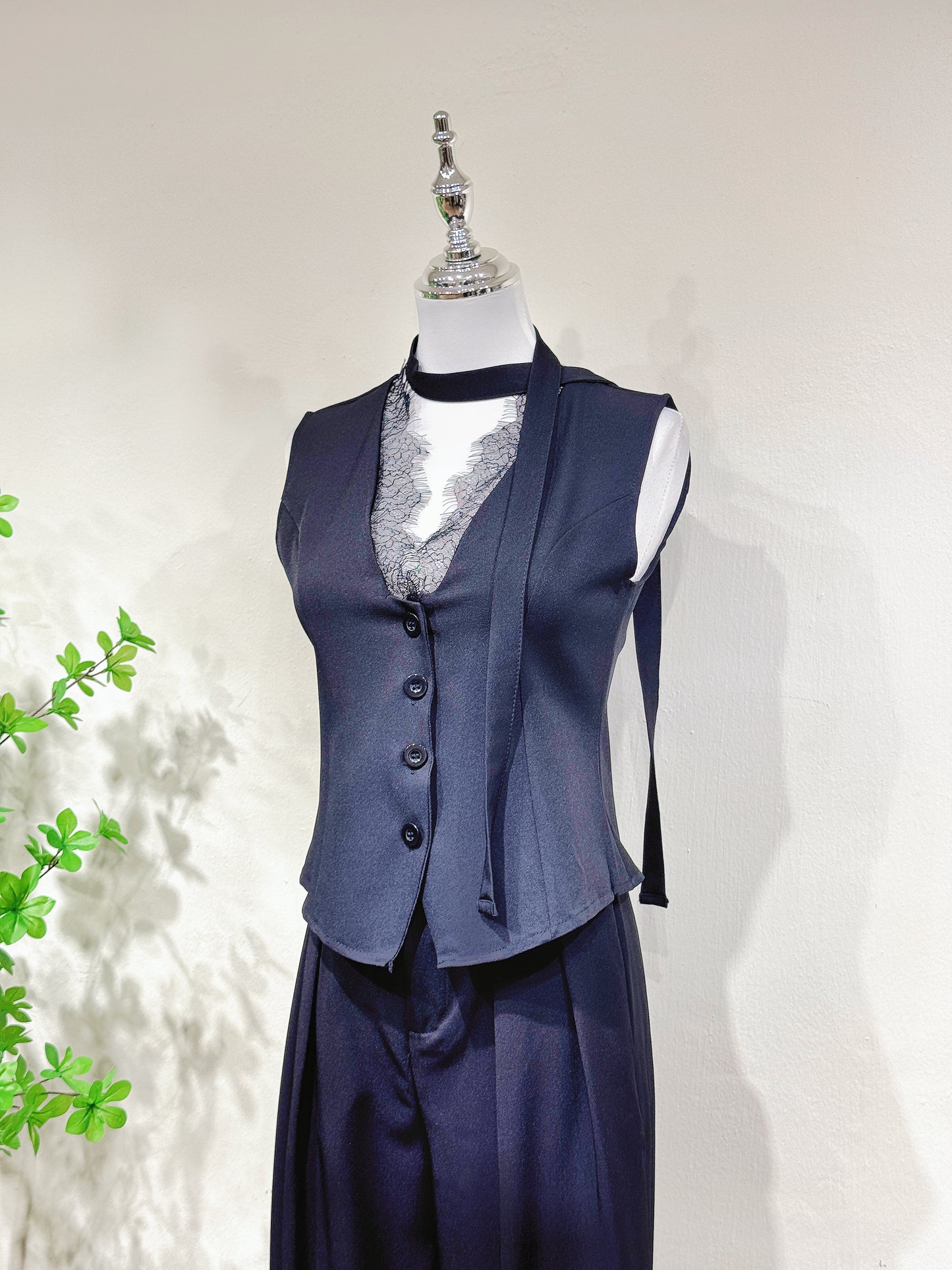 Lace Trim Vest Blazer Blouse
