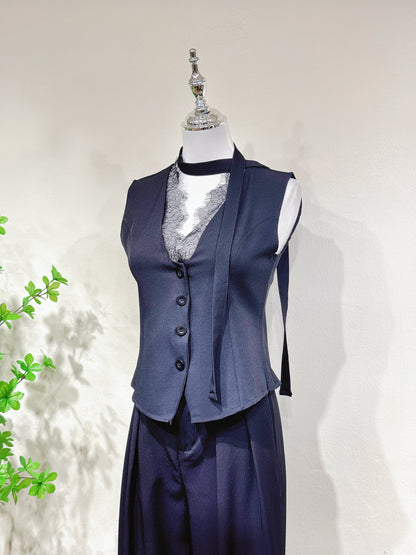 Lace Trim Vest Blazer Blouse