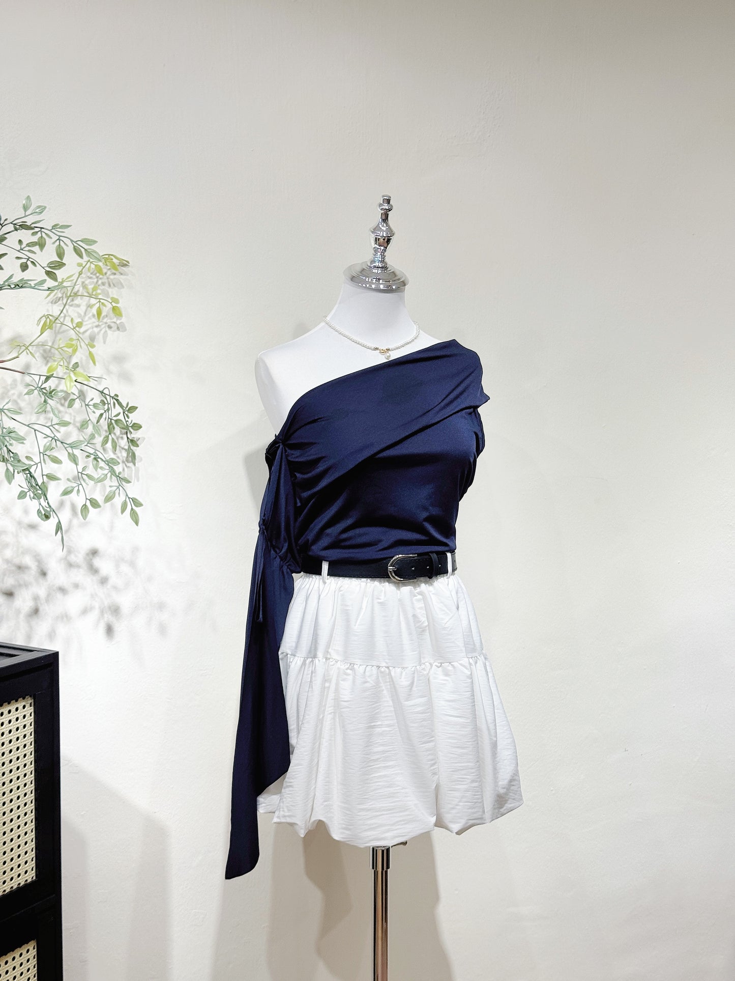 Navy One-Shoulder Ruffle Sleeve Top