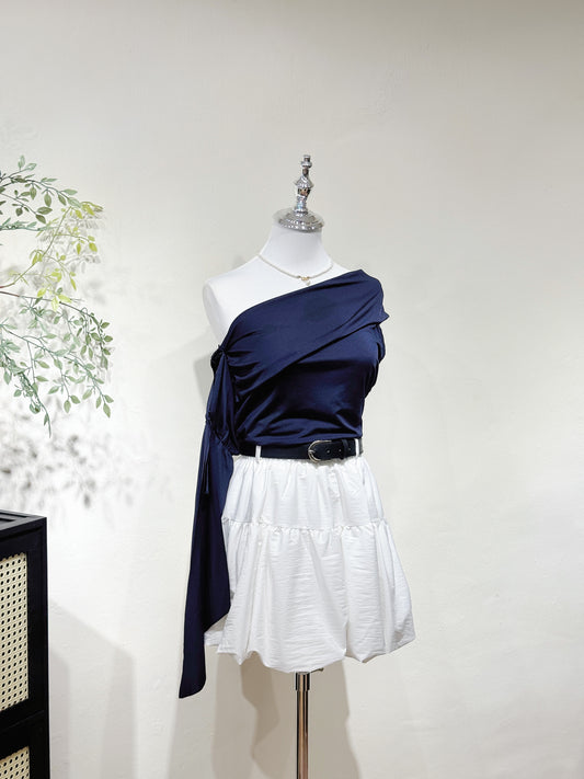 Navy One-Shoulder Ruffle Sleeve Top