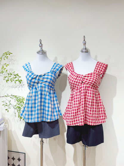 Cotton-Linen Plaid Peplum Top