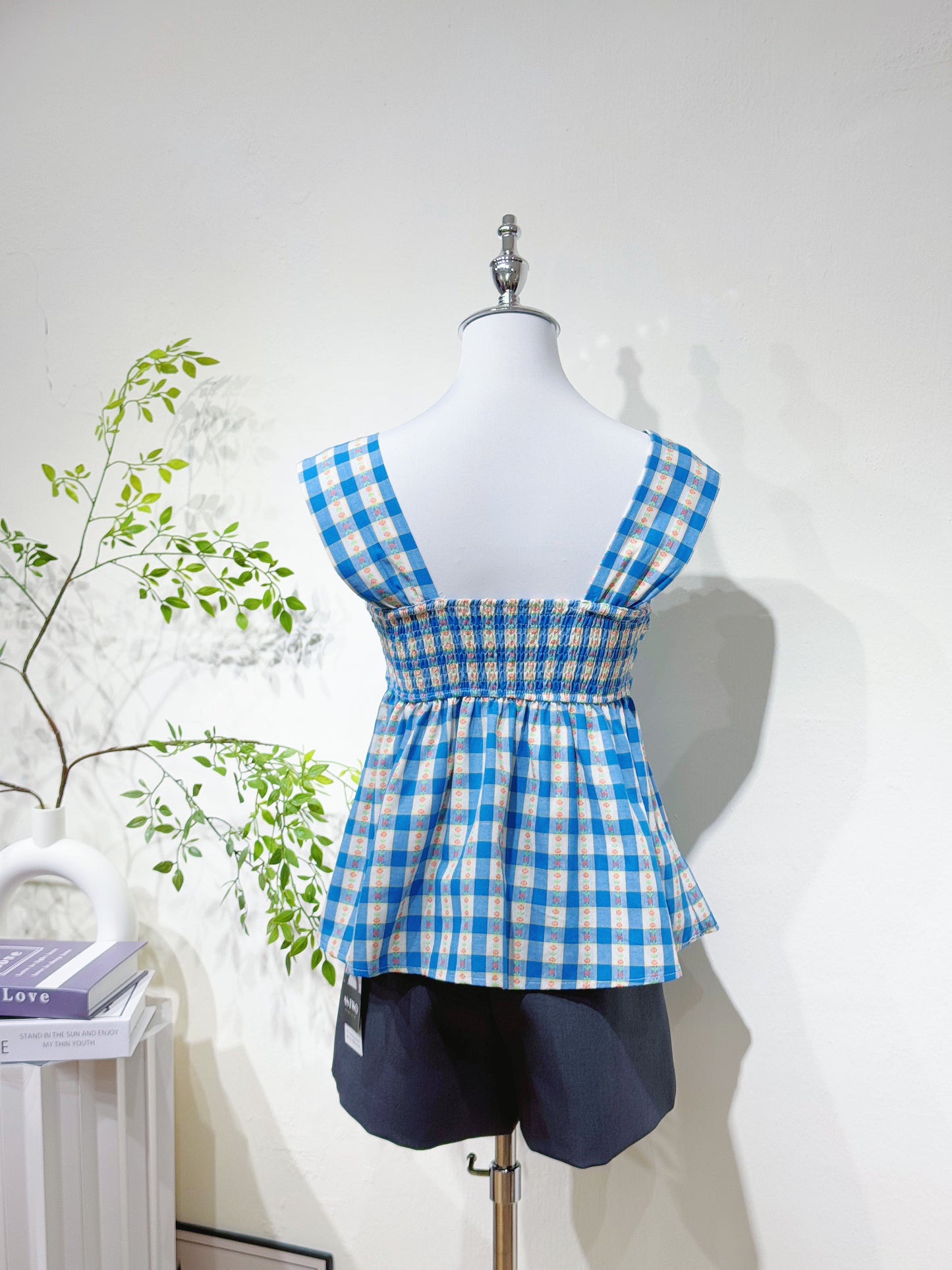 Cotton-Linen Plaid Peplum Top