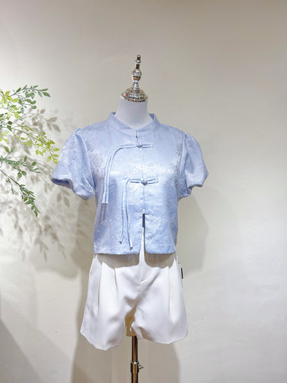 Jacquard Mandarin Puff Sleeve Tie Blouse