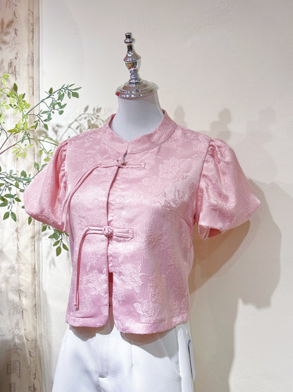 Jacquard Mandarin Puff Sleeve Tie Blouse