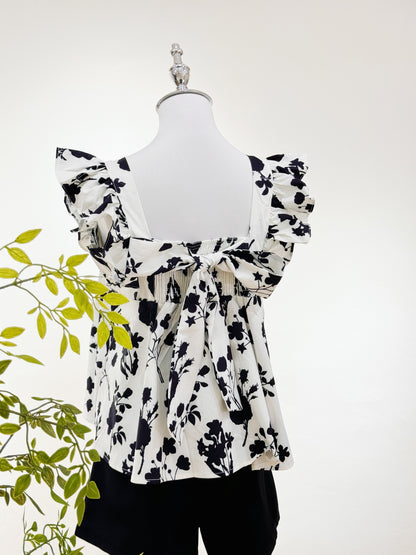 Black Floral Printed Flutter-Sleeve Top