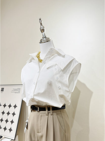 Sleevless White Longline Collar Shirt