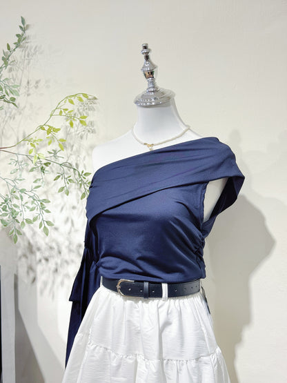 Navy One-Shoulder Ruffle Sleeve Top