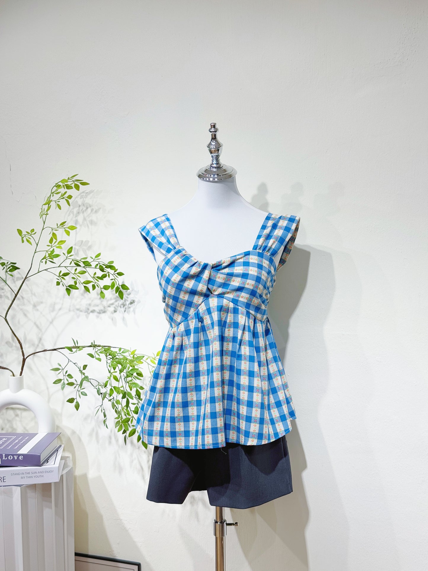 Cotton-Linen Plaid Peplum Top