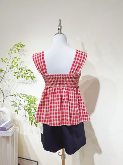 Cotton-Linen Plaid Peplum Top