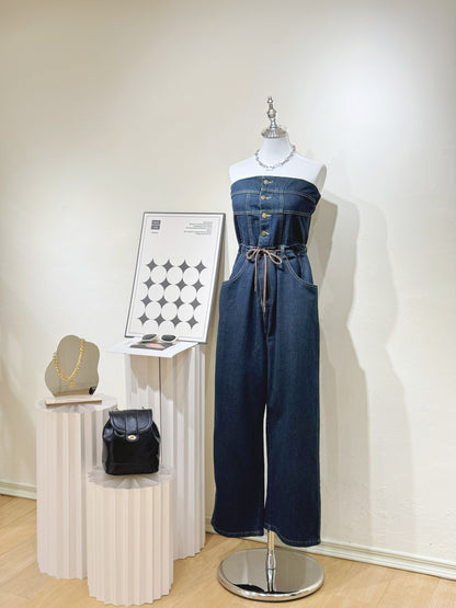 Strapless Denim Wide-Leg Jumpsuit