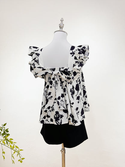 Black Floral Printed Flutter-Sleeve Top