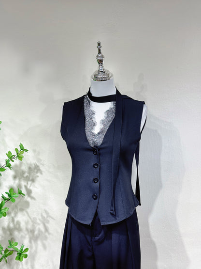 Lace Trim Vest Blazer Blouse