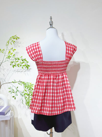 Poly-Cotton Plaid Peplum Top