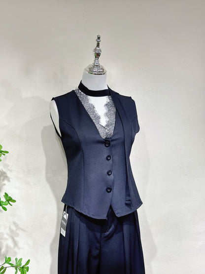 Lace Trim Vest Blazer Blouse