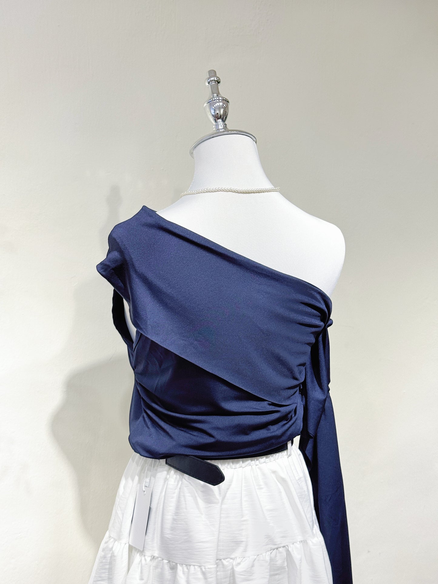 Navy One-Shoulder Ruffle Sleeve Top