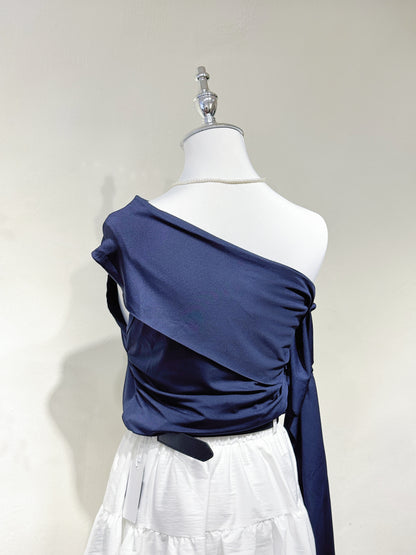 Navy One-Shoulder Ruffle Sleeve Top