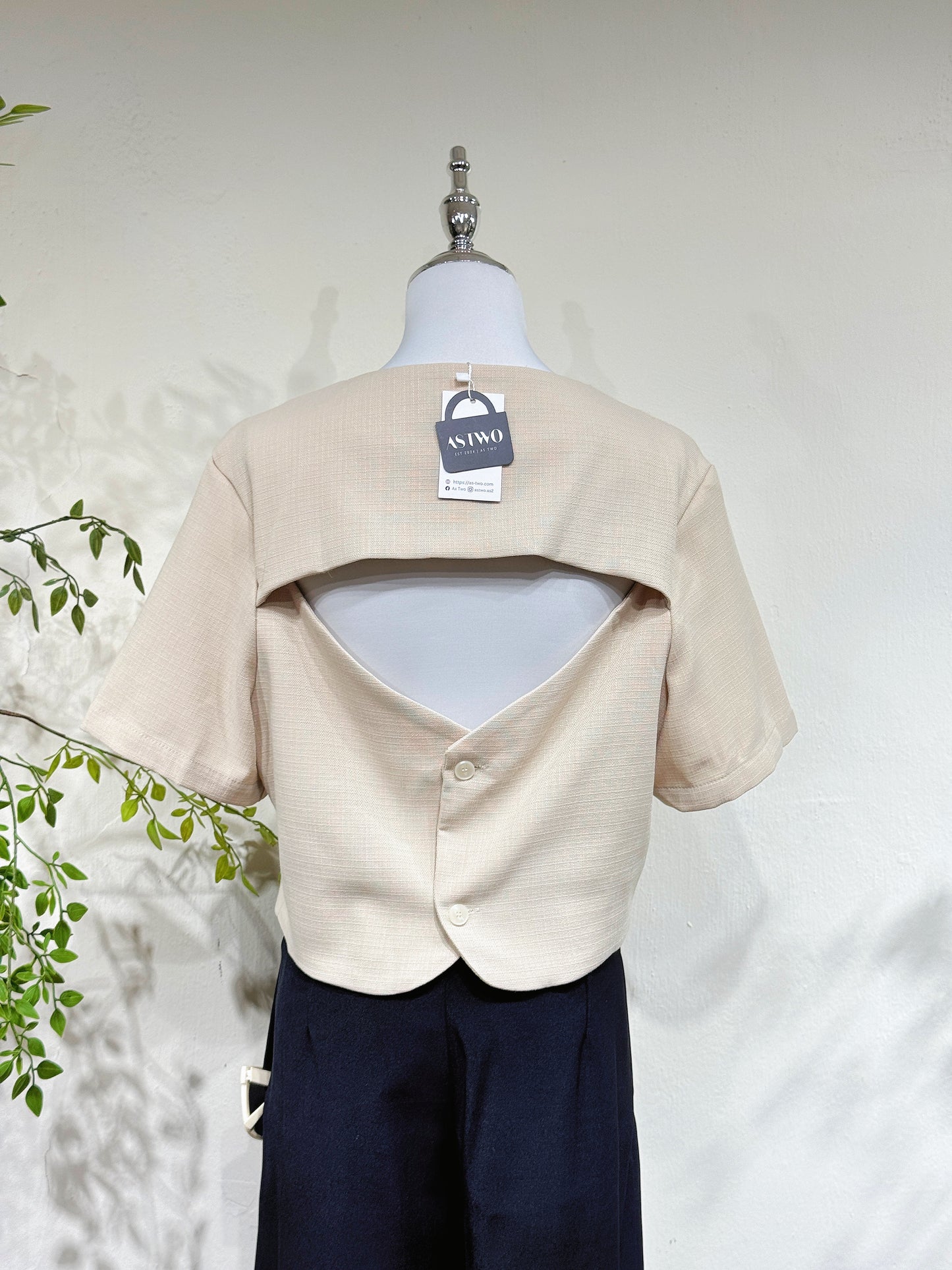 Open-Back Tweed V-Neck Blouse