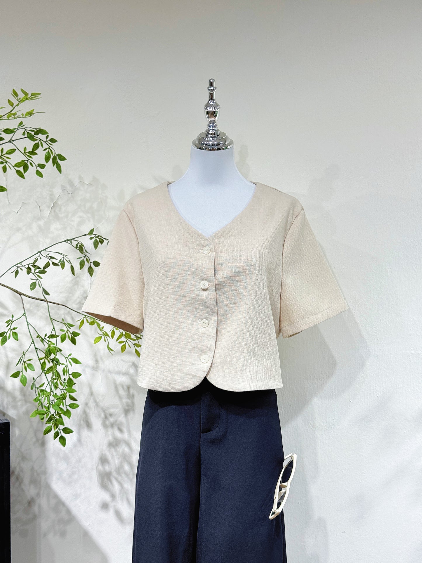 Open-Back Tweed V-Neck Blouse