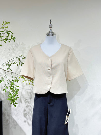 Open-Back Tweed V-Neck Blouse