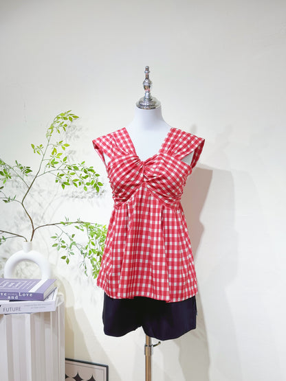 Poly-Cotton Plaid Peplum Top