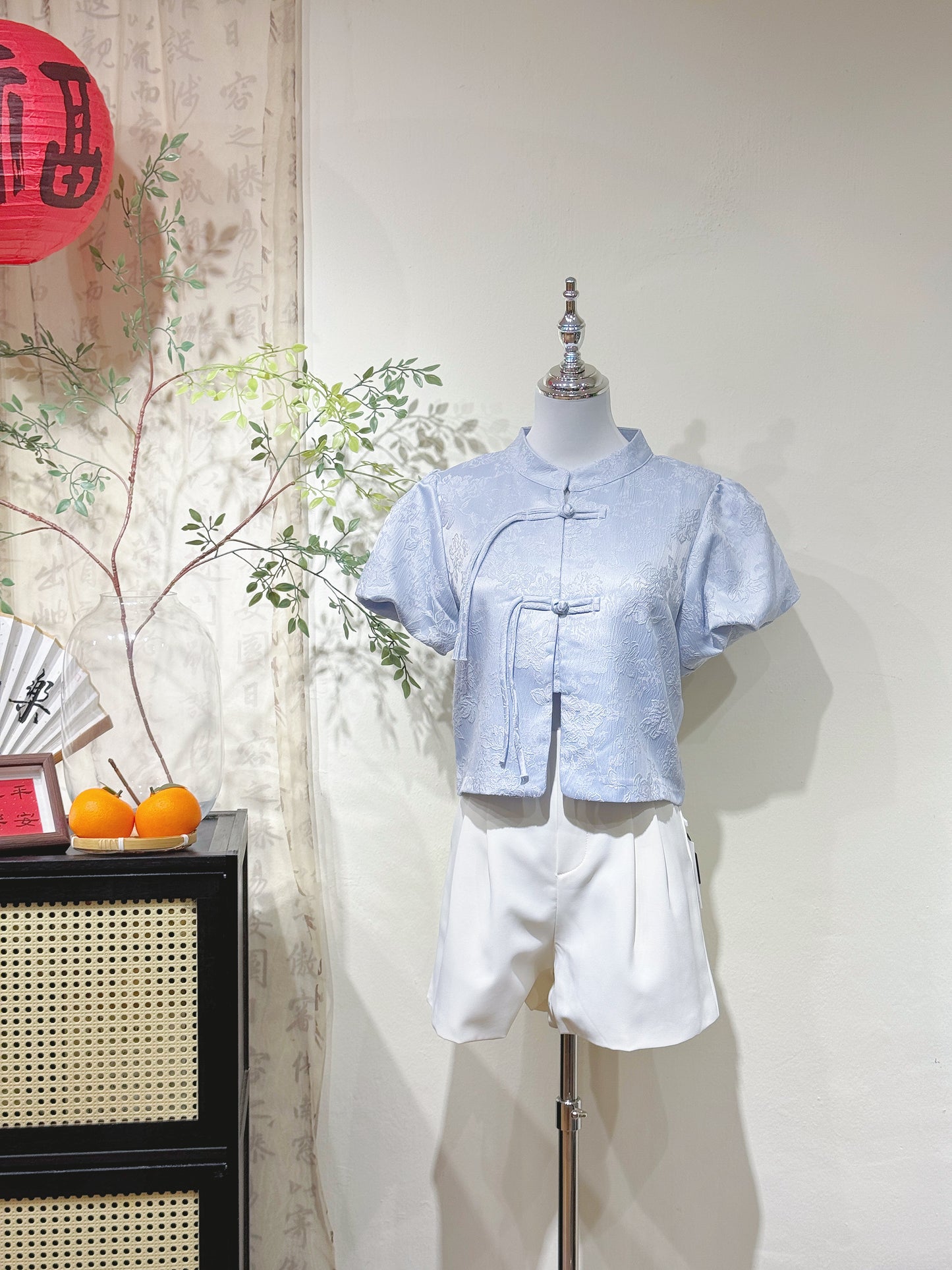 Jacquard Mandarin Puff Sleeve Tie Blouse