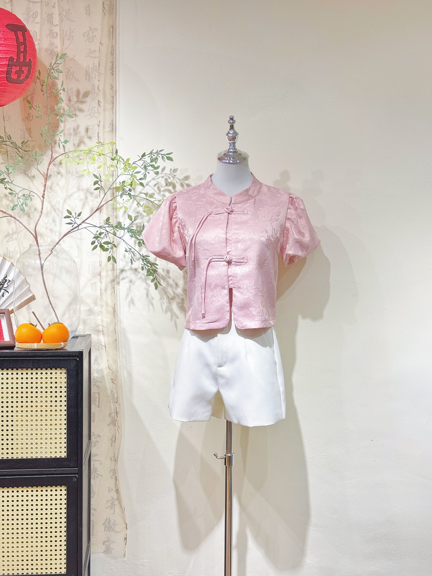 Jacquard Mandarin Puff Sleeve Tie Blouse