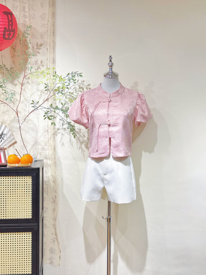 Jacquard Mandarin Puff Sleeve Tie Blouse